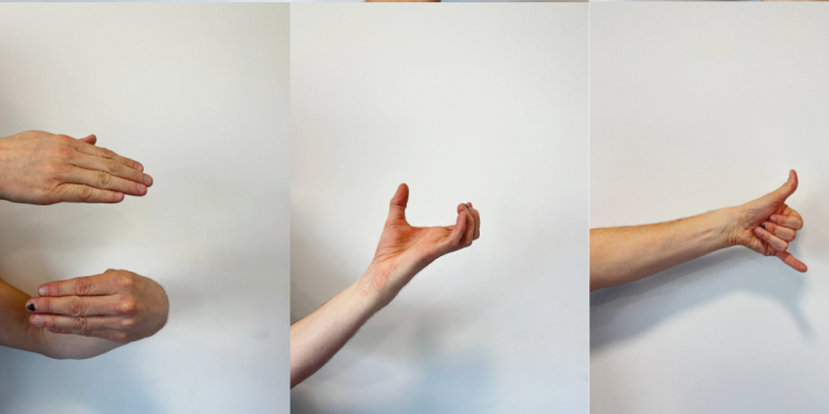 Montage photo de mains qui exécutent les mouvements d'un chef d'orchestre